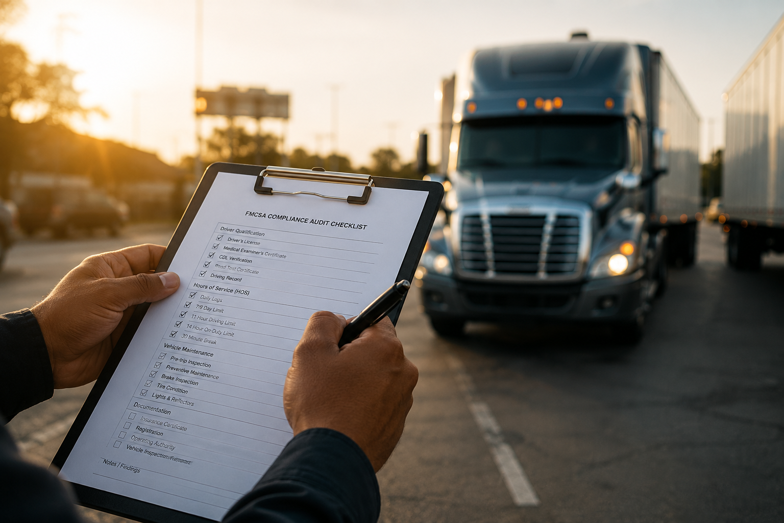 Compliance officer reviewing an FMCSA compliance audit checklist trackside